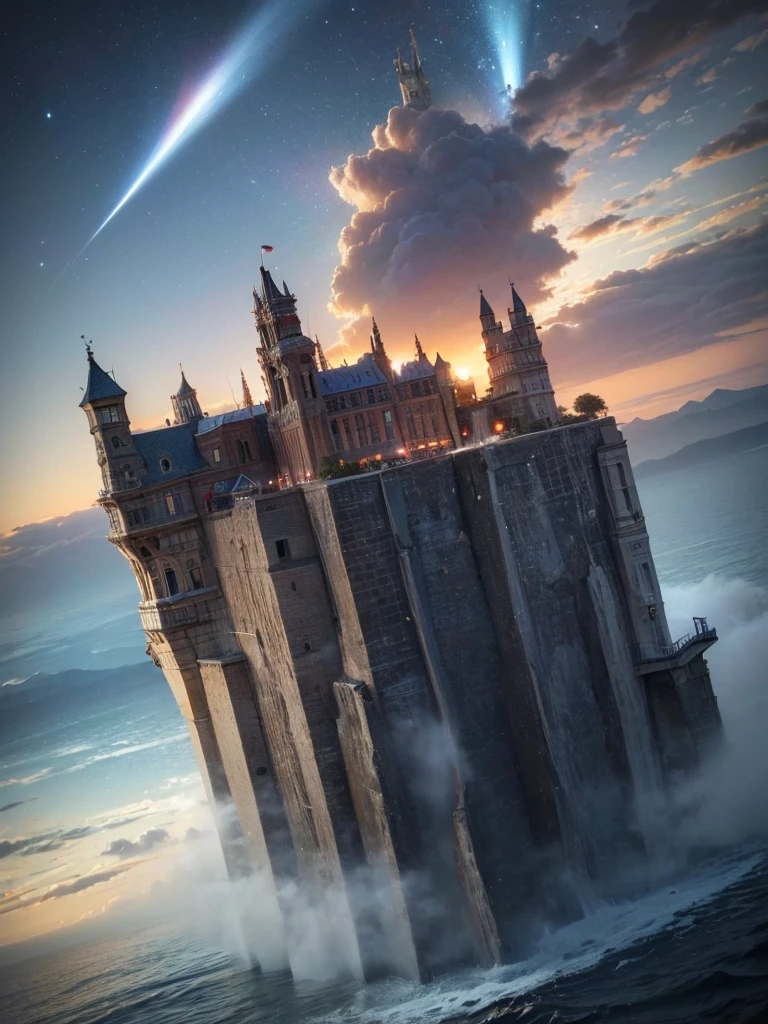 (8k, highest quality, masterpiece, final fantasy style: 1.2), (unRealistic, photoRealistic: 1.37), Dreamy landscape, Fantasy, Unsurreal landscapes, Super detailed, Flying Castle, Floating Island in the Sky, Seven-colored swirl of light, Intense lightning, milky way, Complex Light, Colored light, Large Lake, Starry sky reflected on the lake surface, Countless shining stars, Meteors,  Reflections , (A pillar of light emanated from the ground:1,2), roses and orchids gardens , sunset, pink clouds, waterfalls in the sky, realistic style, Hyperrealism drawing, a flying pirate spaceship floating at the clouds level, burning skyscrapers, cyborgs, timeless realms, stunning  princess  , floating hair, pink lipstick, cute, naked shoulders ,  casting spell, healing light magic effect, in a magical lagoon of the fairyland, crystal clear water surface reflections, sharp focus, looking at viewer, (close-up:0.9), (bright white theme:1.2), (bright white tone:1.2), (deep blue tone:1.3), realistic, Hyperrealism,