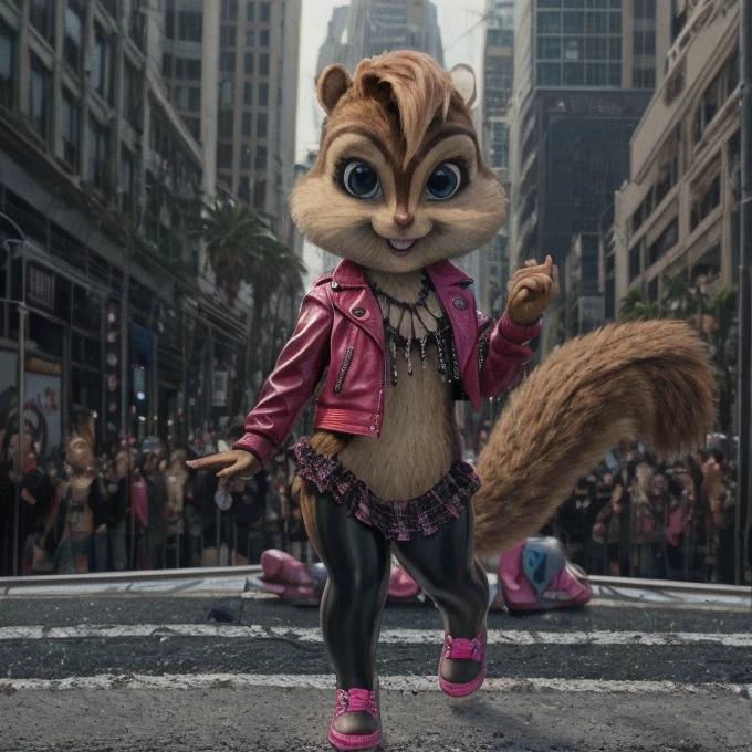 score_9, score_8_up, score_7, score_6, Hollywood Boulevard, brittany miller, chipmunk, furry, short ears, Gothic top, pink leather jacket, pink Gothic skirt, black leggings, pink boots, looking at viewer, 6 inches tall