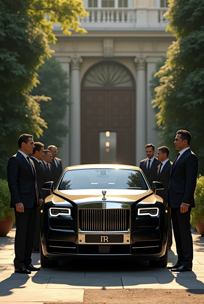 Make a pic of men standing with body guards with rolls roys car