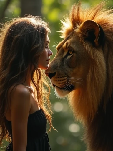 A (((woman with long, messy hair))), caught in a moment of (((dazzling incomposure))), fully immersed in a (((wild and untamed jungle environment))), her form reflecting the glow of a (((serene, powerful, and untamed Lion))) with a mesmerizing (((intense connection))) between its gaze and a (((stunningly beautiful girl))) whose features mirror the (intricate details) of a ((( but elegant Lion's fur))), as they share a (((momentous bond))) that transcends the (ambient darkness) and brings a sense of (serenity, strength, and untamed beauty) to both.