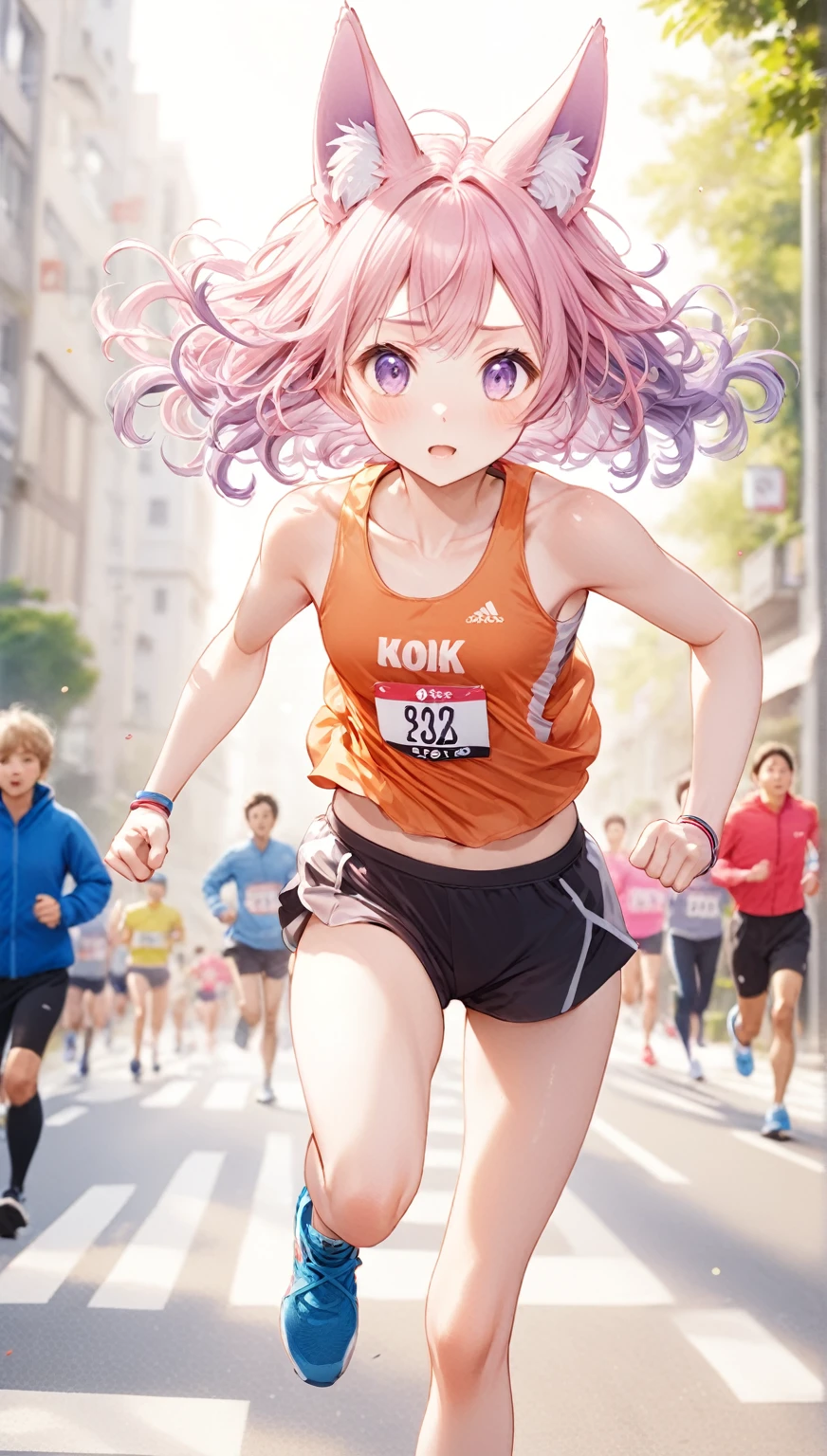 (Highest quality,8k,32K,masterpiece,Ultra-high resolution :1.2 ),born,One girl,Super cute,Natural light,Clear, shining eyes,20-year-old,Fair skin,marathon大会的な電子世界のファンタジー背景,pale pink hair,Light purple hair,running,marathon,Animal Ears,Kemomimi,Half Twin,Curly Hair,