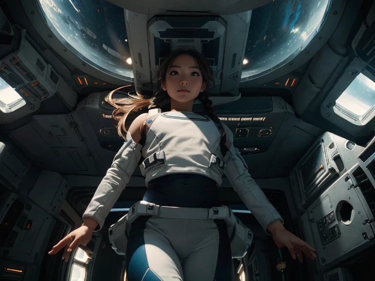 (8k, RAW photo, best quality, masterpiece), (photorealistic), outstanding details, ultra-high resolution, anatomically correct, textured skin, (Extremely precise and accurate anatomy),
Ultra Detailed Face, Detailed Eyes, 

(whole body), (full body), (Wide-angle lens effect:1.2),
a beautiful female space pilot,  (Cute Japanese girl , 20-year-old), (light smile:1.2),  (Mouth slightly open) , 
(white tank top), (blue leggings), barefoot, Side braids, Brown Hair, cinematic lighting in the hair, hair light, wind in the hair,
the girl is floating around in zero gravity in a cabin of a futuristic spaceship, 
no gravity, weightless, flying around, Free to move up and down, 
(A spacious cylindrical cabin), a minimalist cabin, subdued light in the spaceship, lots of displayers and instruments are the main source for the light in the scene, displayers in orange and blue light, 
(through a window in the spaceship we can see the black hole from the movie Interstellar), or a spiral galaxy, 
a glowing orange light from the planet outside the space ship is dominating the scene, 

(backlighting), 
(reflection light from below:1.4), 
atmospheric perspective, depth of field, 
(dramatic lighting), cinematic lighting, 