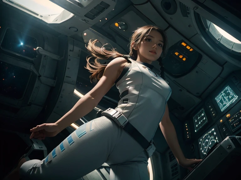 (8k, RAW photo, best quality, masterpiece), (photorealistic), outstanding details, ultra-high resolution, anatomically correct, textured skin, (Extremely precise and accurate anatomy),
Ultra Detailed Face, Detailed Eyes, 

(whole body), (full body), (Wide-angle lens effect:1.2),
a beautiful female space pilot,  (Cute Japanese girl , 20-year-old), (light smile:1.2),  (Mouth slightly open) , 
(white tank top), (blue leggings), barefoot, Side braids, Brown Hair, cinematic lighting in the hair, hair light, wind in the hair,
the girl is floating around in zero gravity in a cabin of a futuristic spaceship, 
no gravity, weightless, flying around, Free to move up and down, 
(A spacious cylindrical cabin), a minimalist cabin, subdued light in the spaceship, lots of displayers and instruments are the main source for the light in the scene, displayers in orange and blue light, 
(through a window in the spaceship we can see the black hole from the movie Interstellar), or a spiral galaxy, 
a glowing orange light from the planet outside the space ship is dominating the scene, 

(backlighting), 
(reflection light from below:1.4), 
atmospheric perspective, depth of field, 
(dramatic lighting), cinematic lighting, 