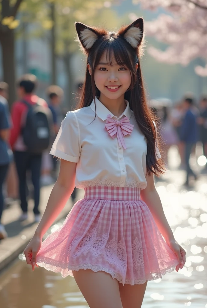 Ultra-detailed, masterpiece, highest quality, super high resolution, 8k, high resolution, photogenic clarity, nine tailed fox, The nine-tailed fox is a mythical creature found in Chinese mythology、(((nine tailed fox))), sparkling eyes, glossy lips with lip gloss, gradation, realistic live action, spring outdoors, school cultural festival, large group, perfect anatomical body type, hard disk, Nikon Z9 80mm Rena Step Piece, model standing, tiny panties, tiny micro panties, pubic hair visible through the lace of the panties, (((The panties are small and made of pale pink and lilac lace.))), ((White short-sleeved blouse, very cute ribbon, cute checked uniform skirt))), navy blue uniform jacket, (((See all panties))), sitting in a triangle shape with thighs slightly tucked in, panty focus, too bright natural light, hot sun, detailed pattern of panties made of lace, small panties with some lace, side-tie panties, ((Beautifully aligned white teeth))), (((One breast is visible))), (((More than lifting the skirt high,, showing panties to the camera))), the most popular beautiful employee in the company, slender model figure, super slim body G cup bust, slim model figure, beautiful posture, squatting and spreading legs, rolling up skirt, very sexy panties, very wet, playing in the water together,