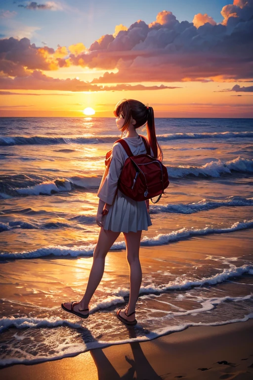 Highest quality、The beach where the sun sets、Orange sky、Shadow of a person