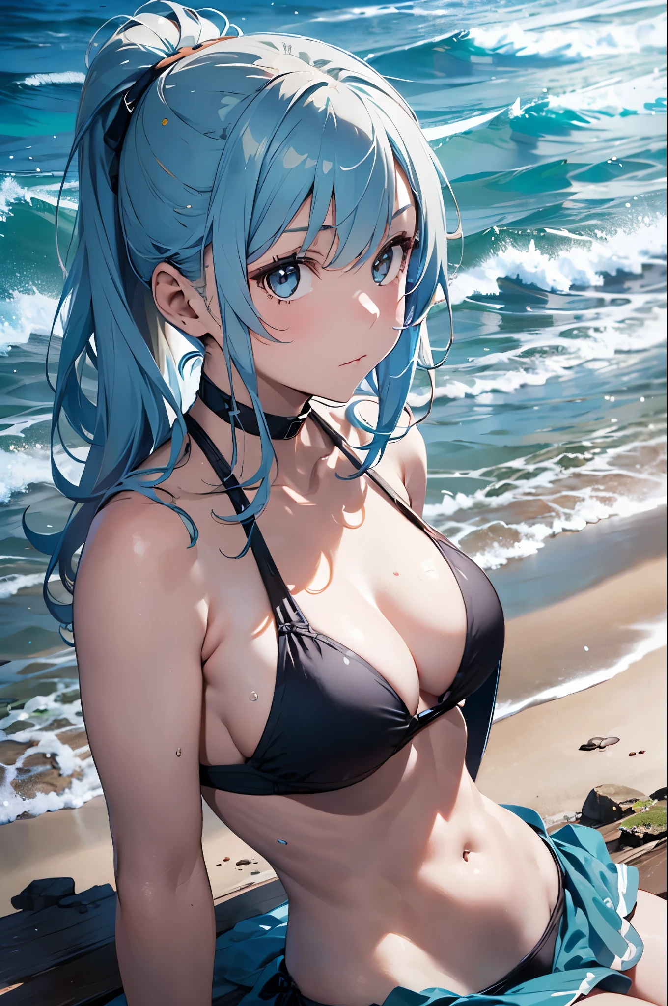 High resolution,topless、
One beautiful young woman,Light blue hair、ponytail、
(Soft Saturation:1.3), (Fair skin:1.2),
(ultra-Detailed Background, Detailed Background), Bokeh,
break&#39;Portrait of a smiling girl.,
When viewed from the front, The composition is symmetrical,
Looking straight at you with serious eyes,
break Swimwear, White Bikini, Center of chest, 
Outdoor, Sea surface, null, sunlight,Summer beach, Sandy Beach,
Strong light, Front lighting, 
(Teen:1.3), (Cowboy Shot:1.2),
Front brake angle,
View your audience,
Dynamic pose,
sitting on the beach

Seaweed、Seaweed、Seaweed、Seaweed、Seaweed、Seaweed、Seaweed、