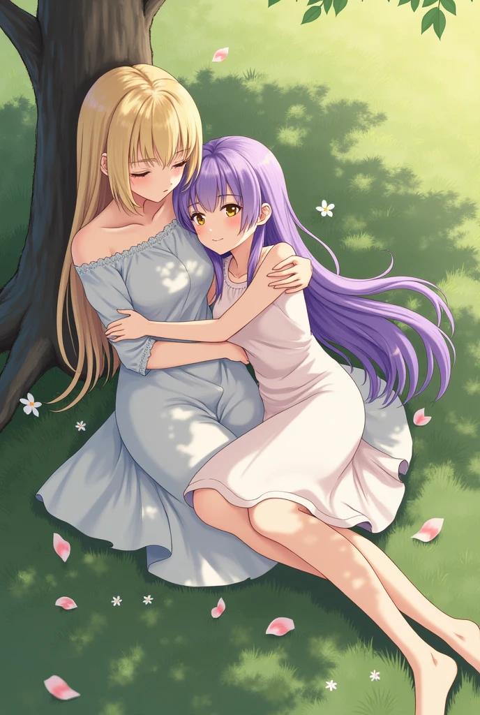A girl with long purple hair lying on the legs of a blonde girl with honey-colored eyes, in a natural landscape while both look up