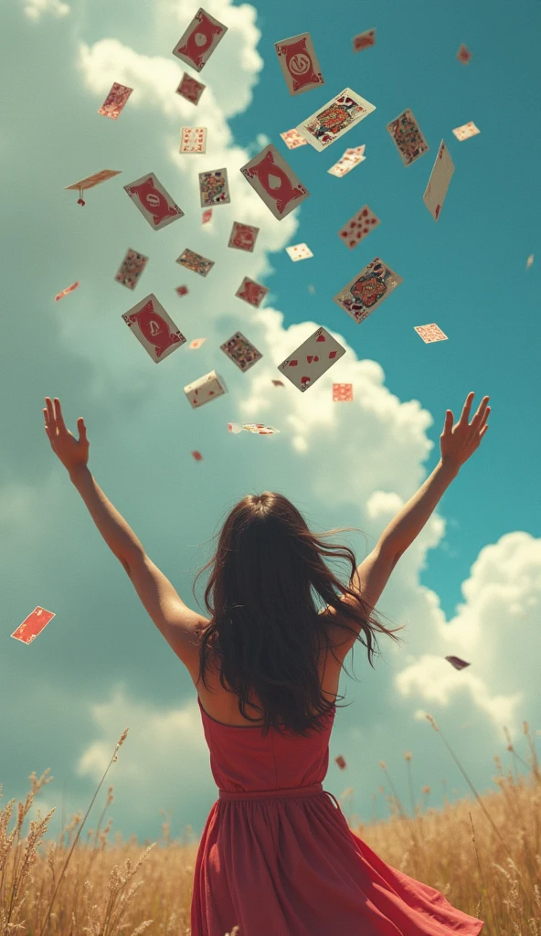 realistic photo, detailed photo, (one girl throw all cards to the sky because she is lost everything in game )