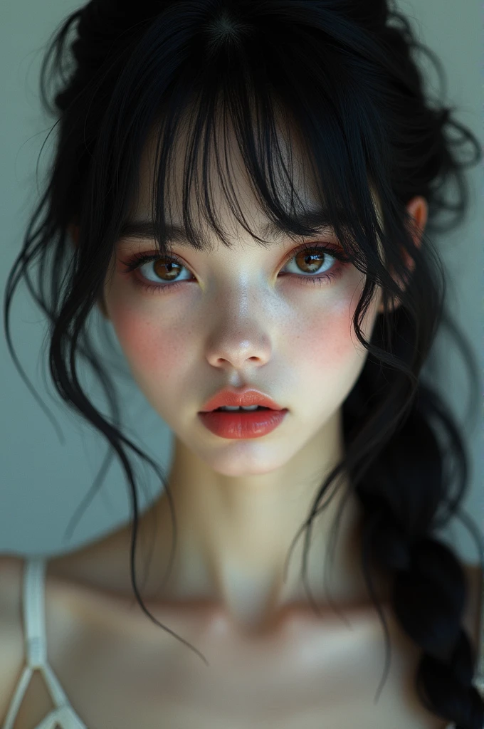 Give me pictures of women with jet black hair brown hazel eyes and pale skinton with sharp eyes and innocence pure face features