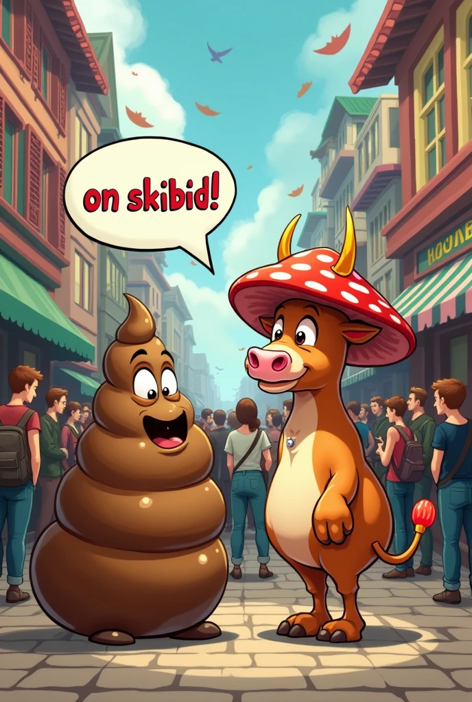 A Big poop talking to a mushroom cow saying "on skibidi" the text is in a bubble like comics.
Their are surrounded by crowd 