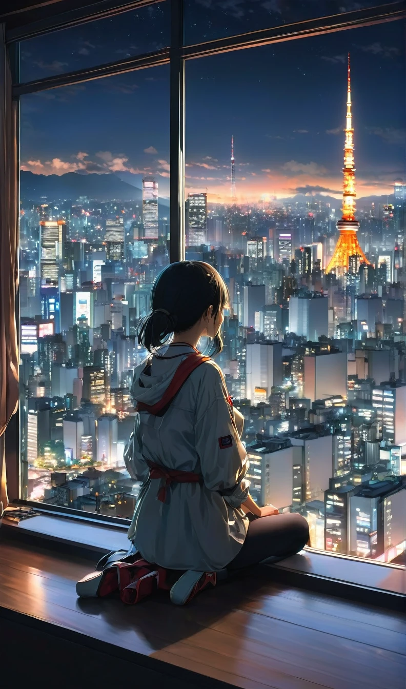 anime girl sitting on a window sill looking out at a city, 4k anime wallpaper, View of Tokyo buildings at night、. anime, anime art wallpaper 4k, anime art wallpaper 4 k, anime art wallpaper 8 k, anime wallpaper 4k, anime wallpaper 4 k, 4K Manga Wallpapers, anime background, anime style 4 k, beautiful anime scene, anime background art