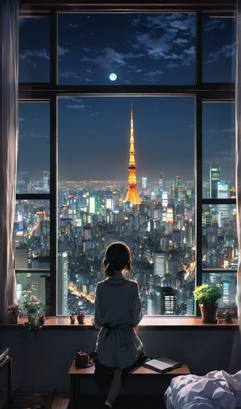 anime girl sitting on a window sill looking out at a city, 4k anime wallpaper, View of Tokyo buildings at night、. anime, anime art wallpaper 4k, anime art wallpaper 4 k, anime art wallpaper 8 k, anime wallpaper 4k, anime wallpaper 4 k, 4K Manga Wallpapers, anime background, anime style 4 k, beautiful anime scene, anime background art