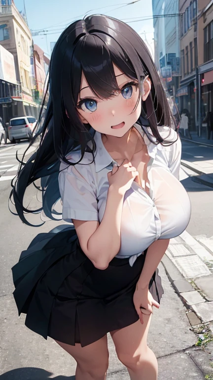 (Highest quality)), ((masterpiece)), (detailed), ((Full body shot 1.5))，A woman in a city with many buildings，28歳のBeautiful woman，Married women，口を開いて微笑むMarried women，The look of temptation，Very sexy，(((Big Breasts，A white open-necked shirt with a large opening，Very good)))，Small nipples，Accentuate your cleavage，
Beautiful woman，Beautiful Face，Big eyes，Beautiful Eyes，Beautiful double eyelids，Beautiful teeth alignment，8 heads，Beautiful body lines，Slender body，Beautiful Hands，Beautiful feet，Long hands，Long legs，Long and supple hair，Shiny Hair，Black Hair，Full body shot 1.4，Embarrassed expression，Blush 1.5，Mouth half open，From below，Beautiful shoulders，Beautiful clavicle、Woman standing with legs spread，(((Pressing the chest 1.9)))，((I&#39;m not wearing a skirt,Woman with her panties down to her knees 1.5))，