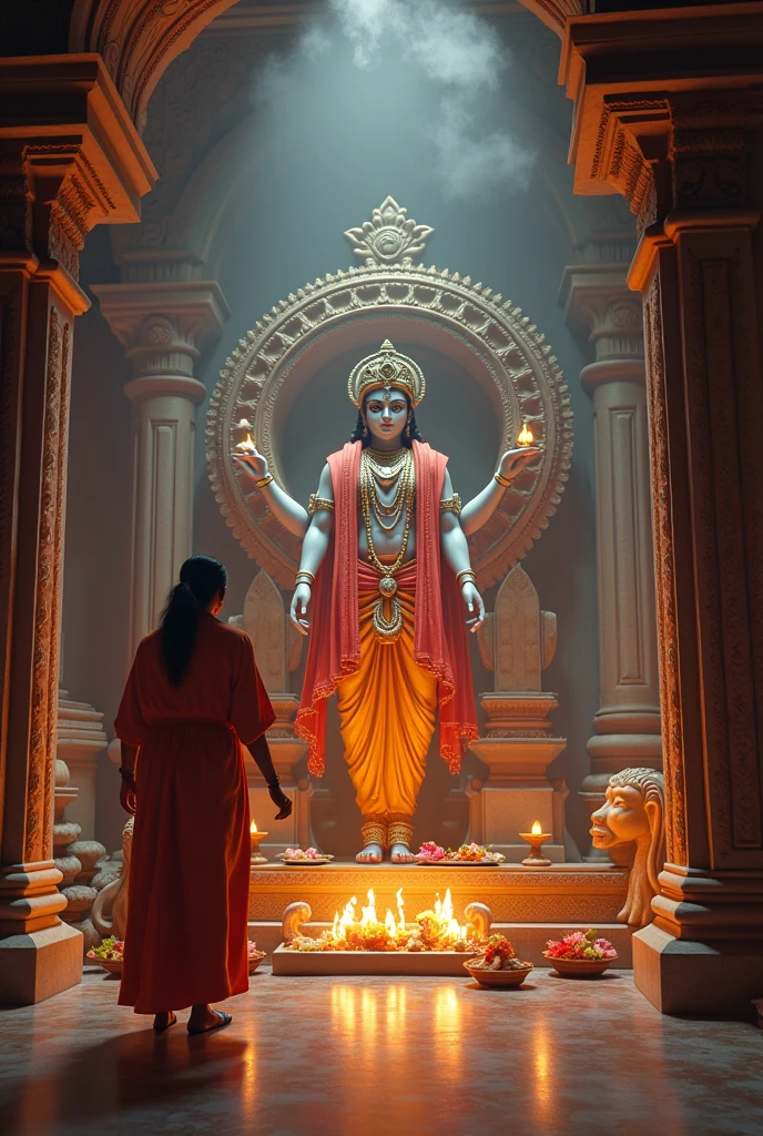In a serene temple adorned with intricate carvings and glowing with soft, ambient light, a pujari is performing seva (service) for Lord Krishna. The pujari, dressed in traditional attire, meticulously offers flowers, lighted oil lamps, and sacred food to the deity. Lord Krishna's idol, resplendent in vibrant robes and adorned with jewels, is the focal point of the scene. The temple’s atmosphere is reverent and peaceful, with incense smoke swirling gently in the air and the sound of soft, devotional chants filling the space. The pujari's devotion and the divine ambiance create a sacred and harmonious setting.