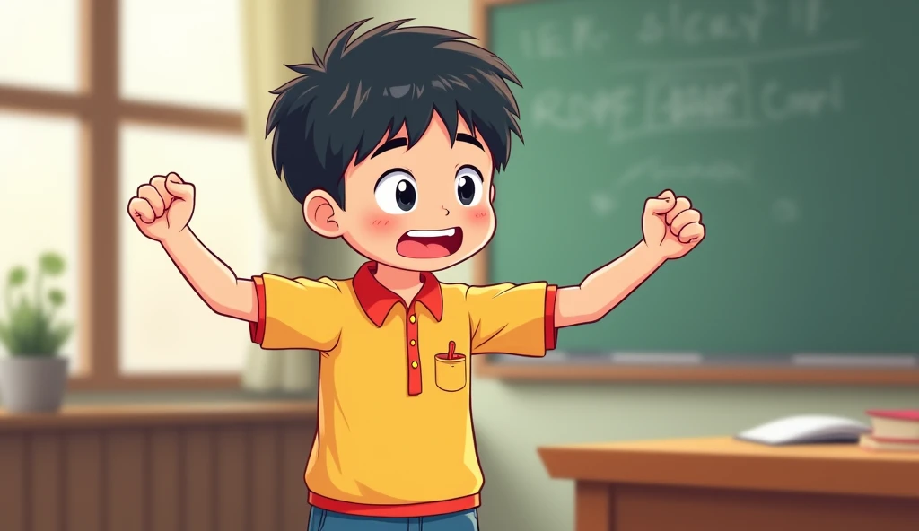 /image prompt: chinese student wear chinese school uniform,  3 yeay clenching fist to other classmates(fight other classmate), always angry ,confrontation, classmates scared of him when everytime saw him, in classroom, no one want to stay near him, Q-version character but draw by hands for teacher ppt emotional tension, empty space around, cartoon style, HD, 16k --ar 3:4 --v 6.0