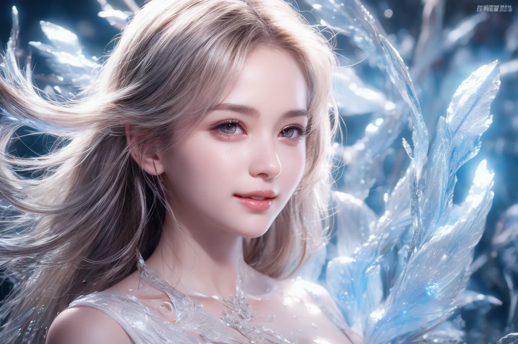 A girl,Exquisite facial features,Big watery eyes,Angelic smile,blush,nice,Silver long hair,Princess Head,Frozen queen,Full of energy,Gorgeous clothing,background,Sense of Brokenness,Super Resolution,HD,8K,film texture。Low-cut,(Big Breasts:1.5)