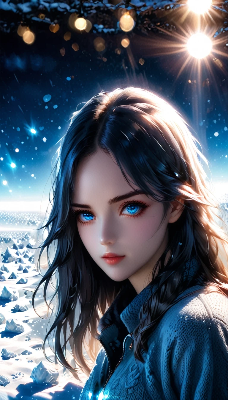beautiful, Young woman, In the crystal and ice zone, Drifting ice, snow, Striped hair, Elongated hair, Sky blue hair, Long hair, blue eyes, Eye Reflection, Contempt, Ray Tracing, reflected light, Vague, Glowing lights, Shallow depth of field, Chiaroscuro, Stereogram, Scale layer, side, Bokeh, masterpiece, best quality, high quality, HD