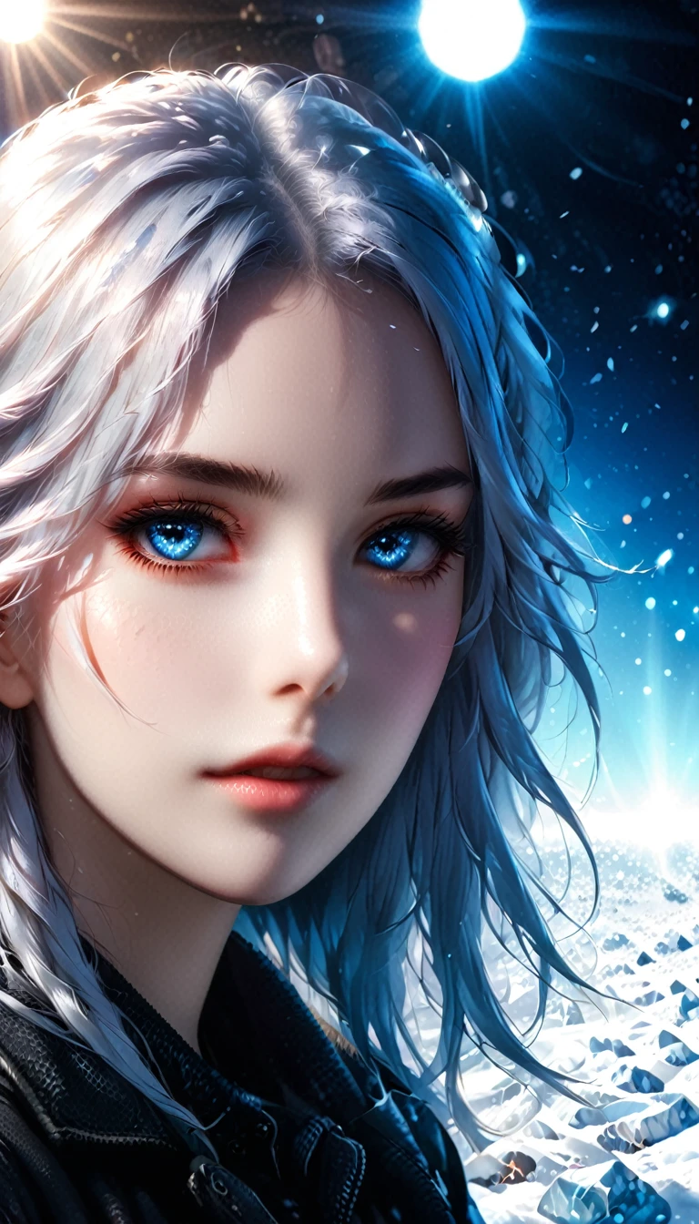 beautiful, Young woman, In the crystal and ice zone, Drifting ice, snow, Striped hair, Elongated hair, Sky blue hair, Long hair, blue eyes, Eye Reflection, Contempt, Ray Tracing, reflected light, Vague, Glowing lights, Shallow depth of field, Chiaroscuro, Stereogram, Scale layer, side, Bokeh, masterpiece, best quality, high quality, HD