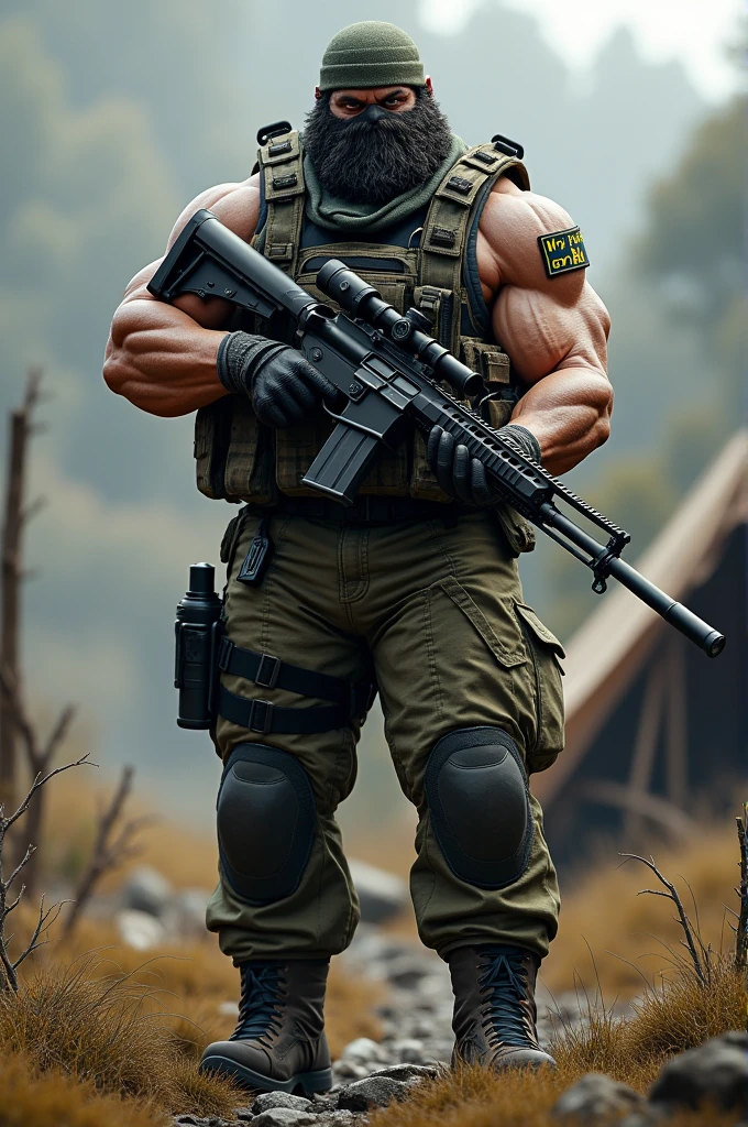 Muscular army man,holding his sniper gun,camping ,mask on his face,with the name Mr-BDK ,on his batch