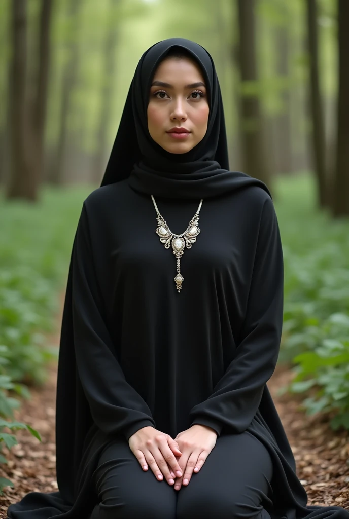 Hijabi woman NAKED and on her knees. Full body picture, front view in the forest, wearing an elegant necklace