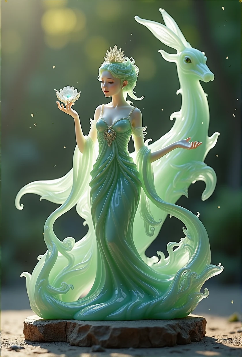 8k, photorealistic, a  intricate  statue made  in translucent  jade of a  delicate  maiden,  full body, precious stones inlaid, warm ligthing, glowing , radiosity, photon mapping, icing aura, ice dust falling, bokeh