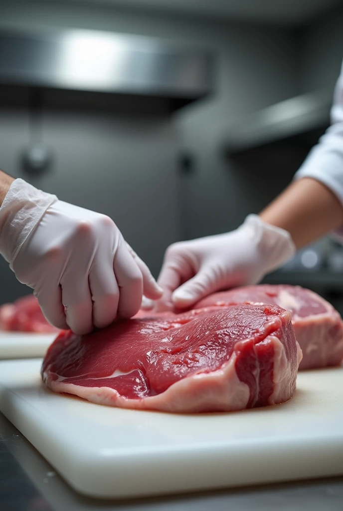 Glove hands handling meat in kitchen