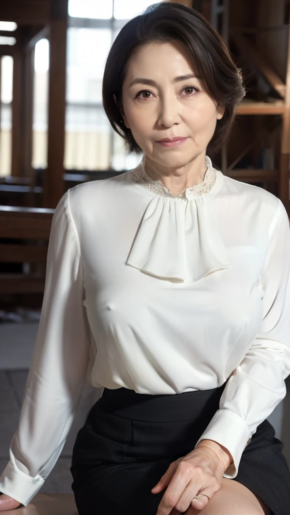 High resolution, High resolution, Attention to detail, masterpiece,(Middle-aged figure), Anatomically correct, sharp, ((Japanese Mature)),(80 years old:1.3),(Facial wrinkles), Shapely breasts,Fair skin, Black Hair,(Long Hair), bangs,(((Stand upright, facing the center.))),Look at the photographer, Open your mouth and stare straight ahead,(White blouse:1.4),(Tight Skirt:1.3),(Sitting),(Thighs:1.1),Inside the warehouse,(Serious expression),(old woman:1.3),Mature Housewife