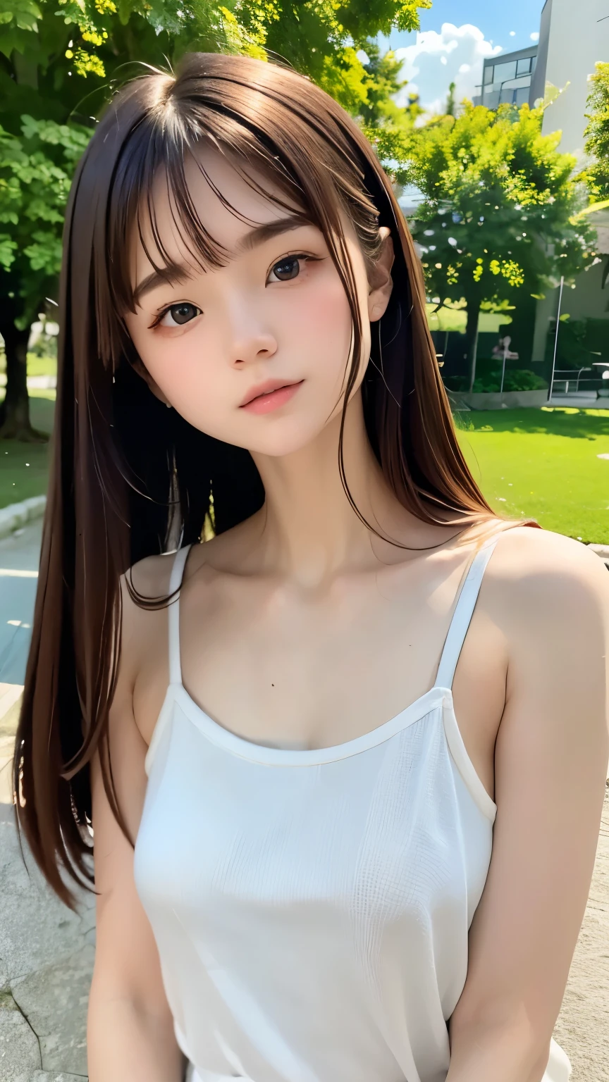 Highest quality、masterpiece、Tabletop、RAW Photos、Film Grain、High resolution、Very detailed、break、One Woman、、Cute Face、Brown Hair、Straight hair、Semi-long hair、White camisole、Light blueＴshirt、Small breasts、break、Outdoor、Summer Park、erupt