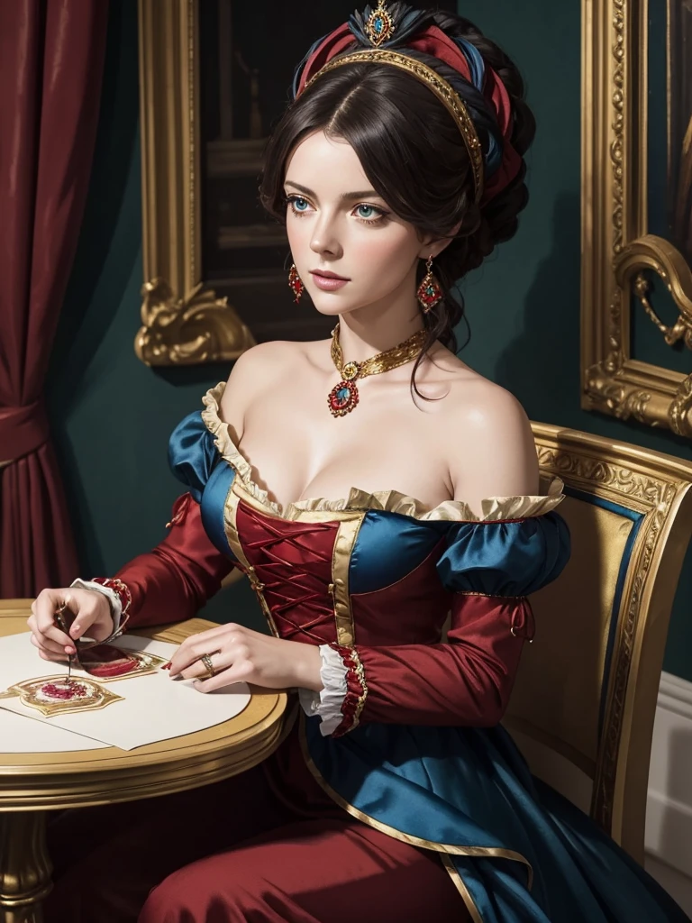 watercolor acrylic woman in a red dress sitting at a table, mystery series style, rococo queen, Tom Burke, in black, blue gold and red, gold stripe around the chest, a piercing sparkle in the eyes, wine red trim,, elaborate costume, Maria- Antoinette, Freya