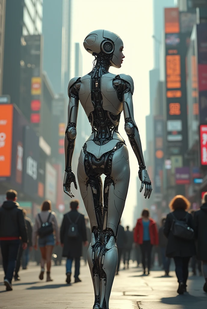 Female cyborg walking down the street in a crowd of people in the big city, defile show, high quality, best quality, absurdres, masterpiece, beautiful, intricate details, 1/2 body crop, slim body, beautiful figure, magnificent anatomy, (intricate details:1.12), HDR, (intricate details, hyper-detailing:1.15), (natural skin textures, hyper realisitc, soft light, Sharp:1.2)