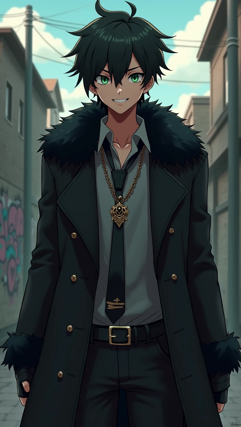 dark skinned rapper , Black fur trimmed coat over formal shirt, And an embroidered necklace. Animated anime art style, [[[[Evil smile]]]], Image for ((annoying)), , Male anime character, young anime guy, Inspired by Miguel from Tekken, Tall anime man with steel green eyes, Fingerless gloves, Suburban streets with graffiti, dull haircut, Straight Hair
