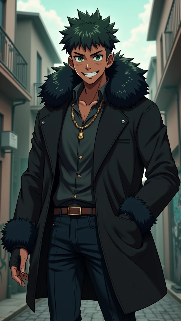 dark skinned rapper , Black fur trimmed coat over formal shirt, And an embroidered necklace. Animated anime art style, [[[[Evil smile]]]], Image for ((annoying)), , Male anime character, young anime guy, Inspired by Miguel from Tekken, Tall anime man with steel green eyes, Fingerless gloves, Suburban streets with graffiti, dull haircut, Straight Hair
