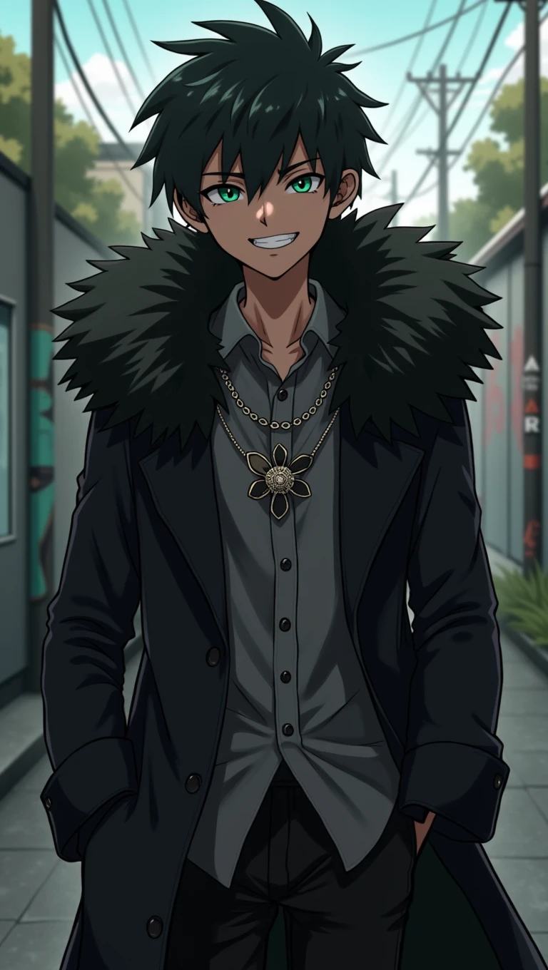 dark skinned rapper , Black fur trimmed coat over formal shirt, And an embroidered necklace. Animated anime art style, [[[[Evil smile]]]], Image for ((annoying)), , Male anime character, young anime guy, Inspired by Miguel from Tekken, Tall anime man with steel green eyes, Fingerless gloves, Suburban streets with graffiti, dull haircut, Straight Hair
