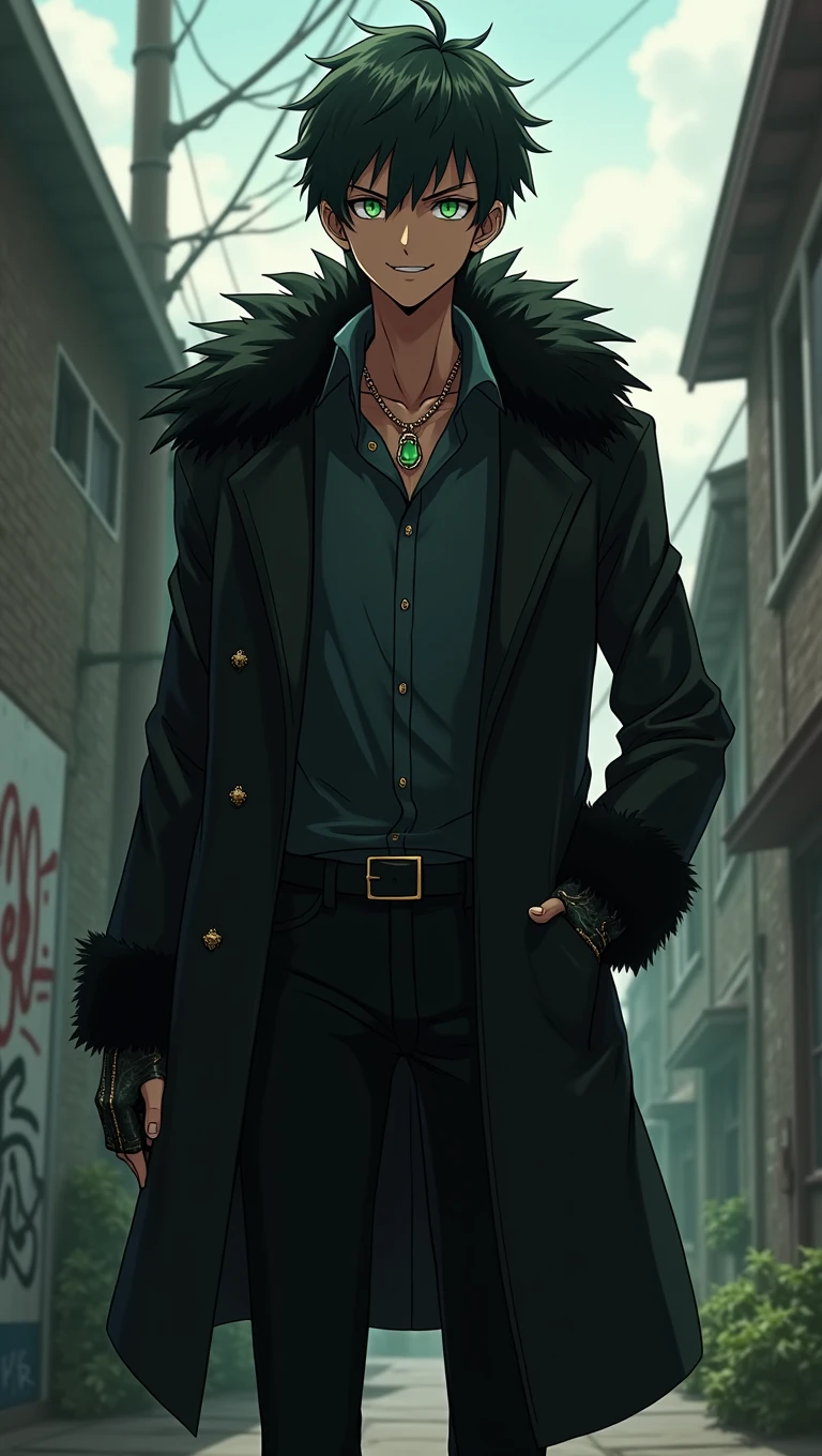 dark skinned rapper , Black fur trimmed coat over formal shirt, And an embroidered necklace. Animated anime art style, [[[[Evil smile]]]], Image for ((annoying)), , Male anime character, young anime guy, Inspired by Miguel from Tekken, Tall anime man with steel green eyes, Fingerless gloves, Suburban streets with graffiti, dull haircut, Straight Hair
