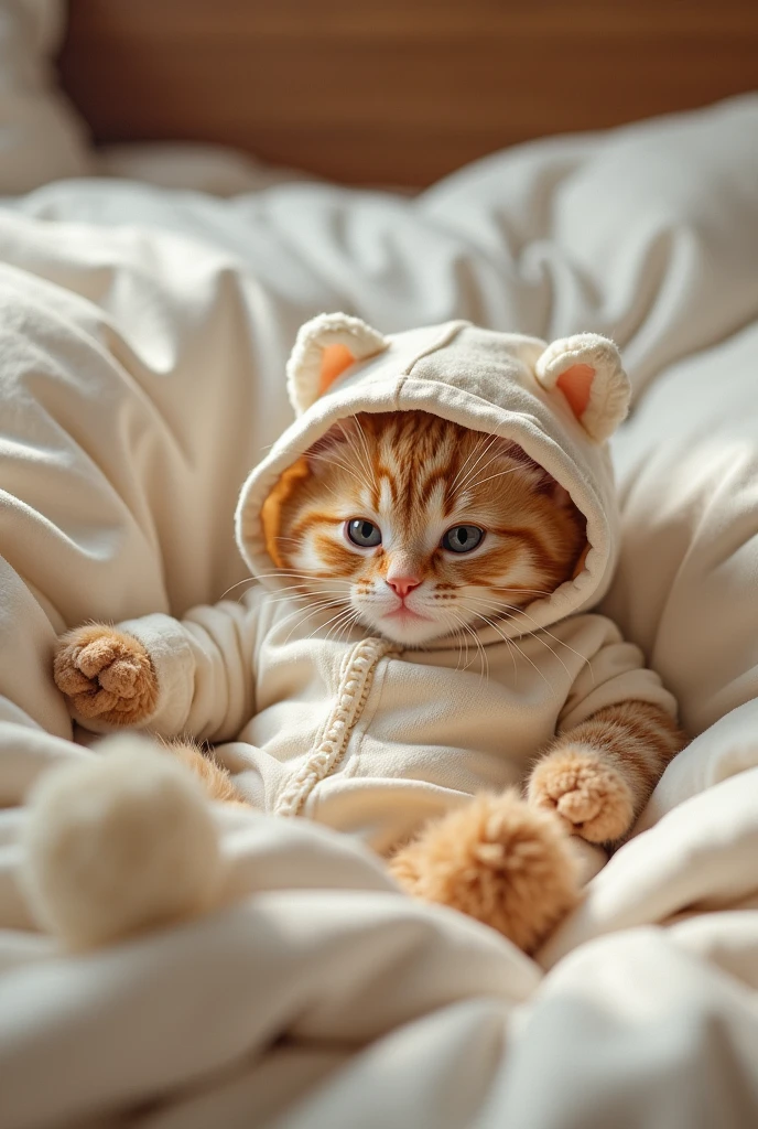 Cat wearing clothes lying on bed