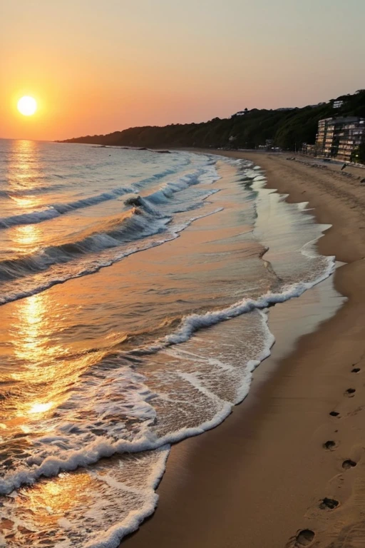 Highest quality、The beach where the sun sets、Orange sky、Shadow of a person