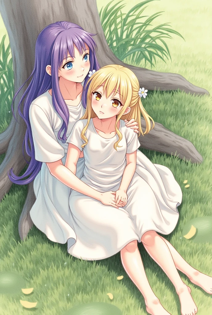 Realistic drawing of a girl with long purple hair lying on the legs of a blonde girl with honey-colored eyes, in a natural landscape while both look up