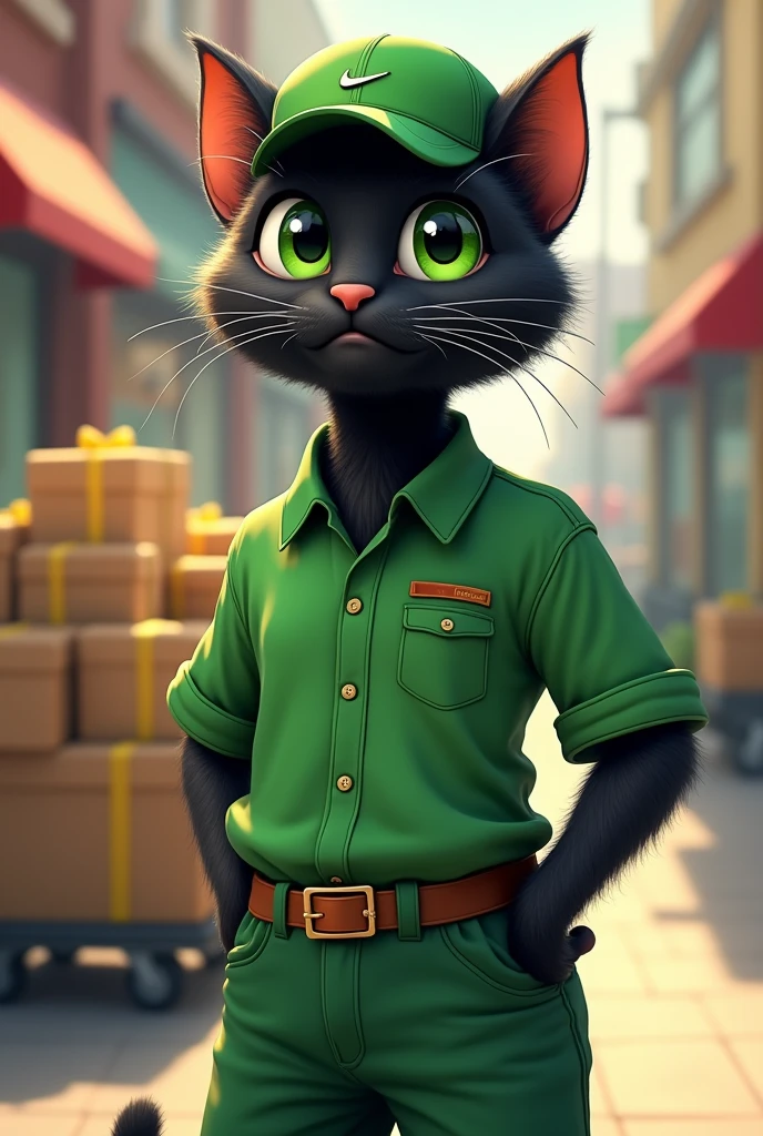 "A cute black cat wearing a green shirt, green pants, and a green baseball cap, standing up."
Delivery packages are being carried on a cart