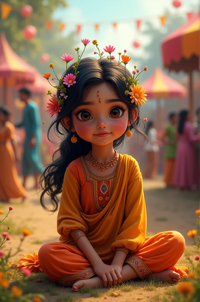 A Bengali girl sitting on a fair with wild flowers