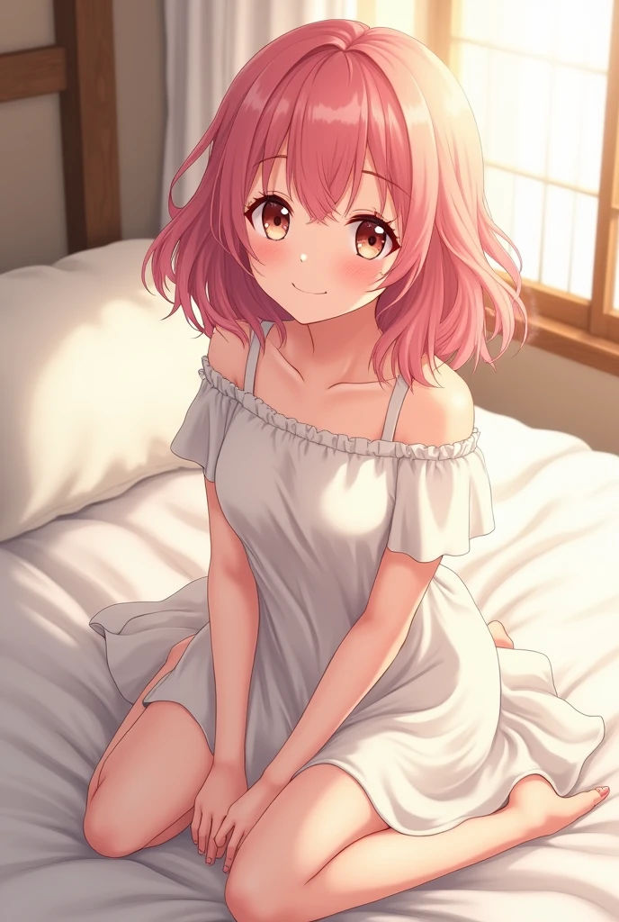 Beautiful japan anime girl with wavy pink long hair, white dress, sitting on the bed, smiling, 18 years old