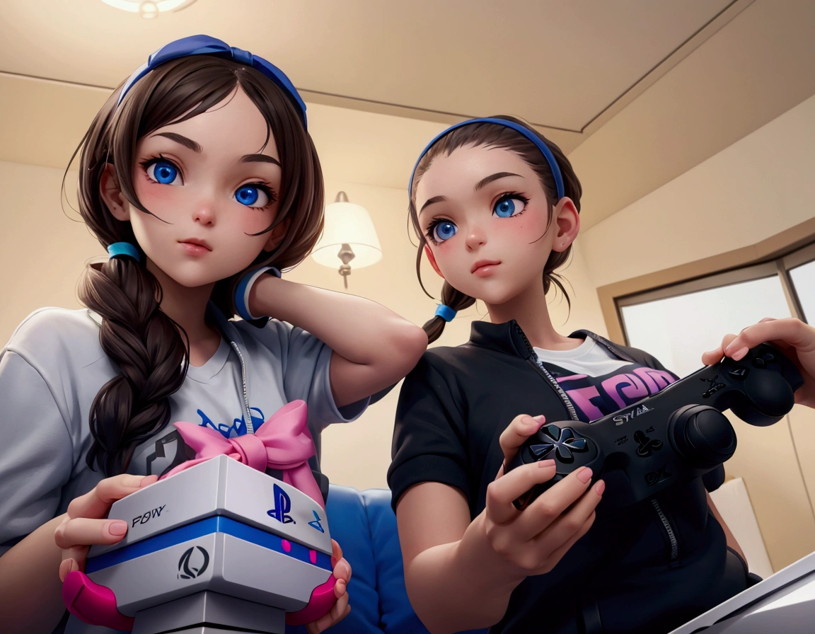 Deux personnes qui jouent a la playstation avec manette une fille qui pousse avec sa main son copain a coter d’ellle
