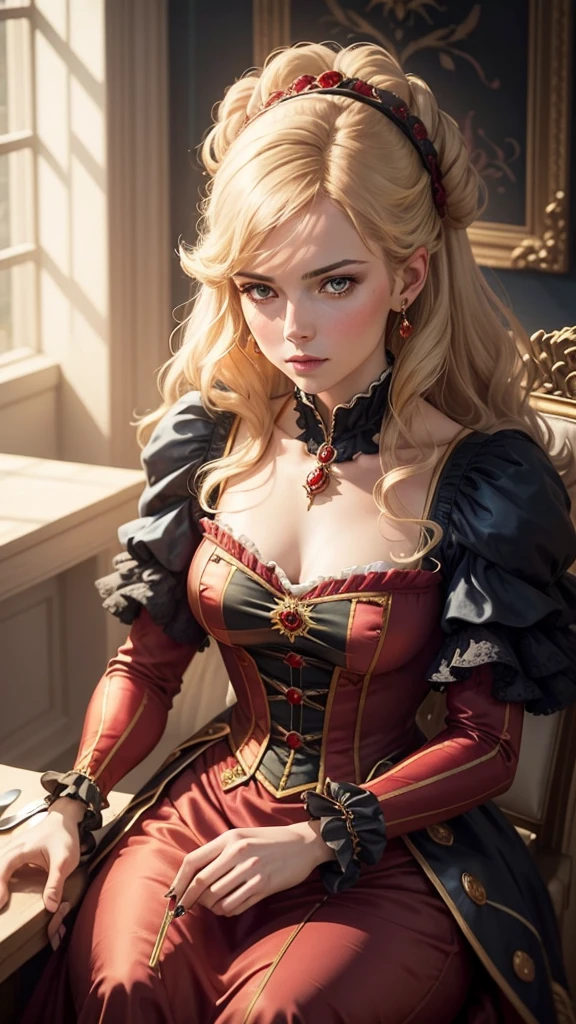 watercolor acrylic woman in a red dress sitting at a table, mystery series style, rococo queen, Tom Burke, in black, blue gold and red, gold stripe around the chest, a piercing sparkle in the eyes, wine red trim,, elaborate costume, Maria- Antoinette, Freya