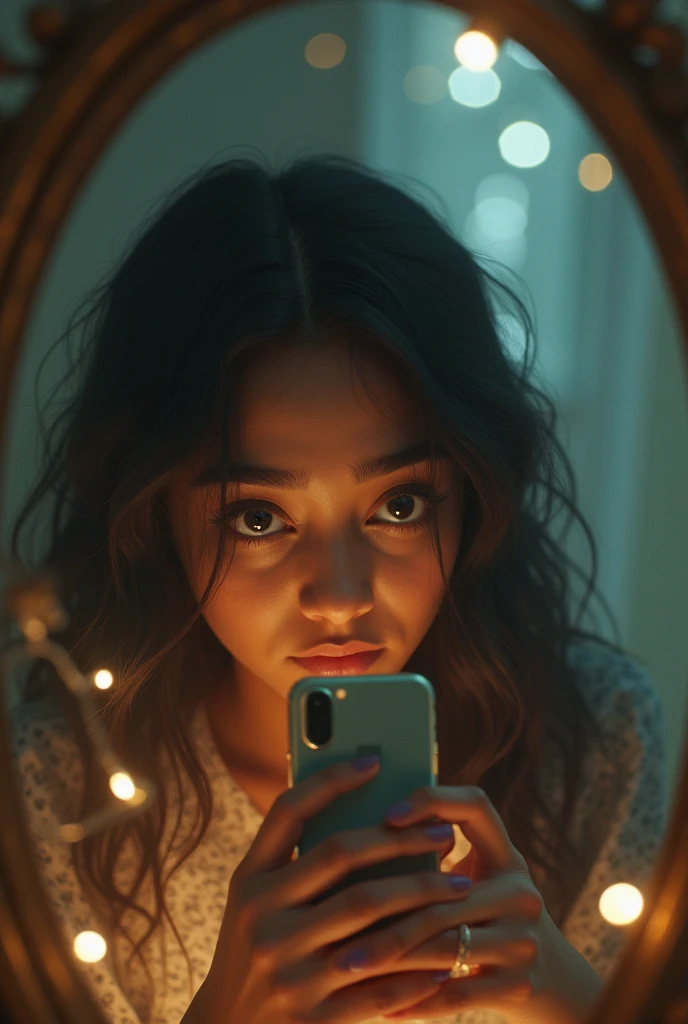 A girl who is not in this world but she takes mirror selfie with her mobile at home and she is an Indian girl she is 17 years old with mobaile mirror selfie