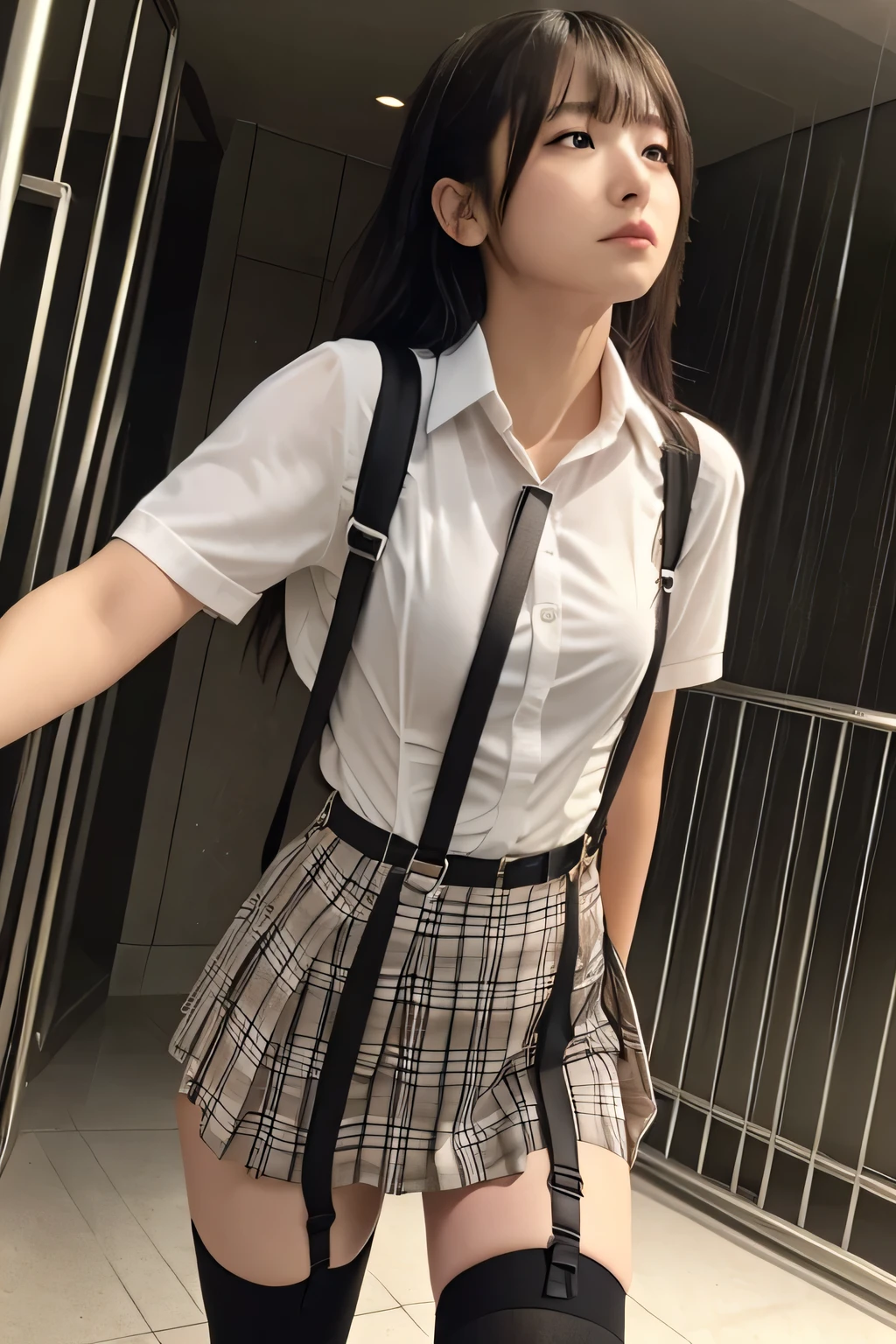 1 female, , high quality, masterpiece, Ultra-high resolution, Cinema Lighting, 1 female, , high quality, masterpiece, Ultra-high resolution, , Cinema Lighting, suspenders Moderate breasts Small face Looking up Sweat Thin belt buzzer 脇Sweat garter belt Belt on pants holster Hands behind your back Looking up Anxious face Knee-high Knee socks Knee-highソックス garter ふとももにgarter belt Checkered mini skirt Panty shot Skirt gap Armament holster holster Hands behind your back Anxious expression Anxious face, legs apart Armament Leg Holster holster See-through clothing heavy rain Rain-soaked dress shirt,Moderate breasts ガーターbelt suspenders Garter on the thigh Checkered mini skirt Looking up Pause belt Armpit sweat Hands behind back Raise your hands