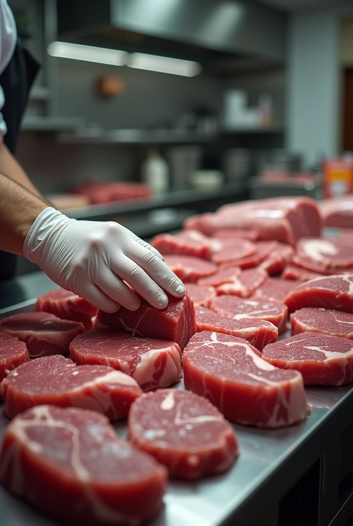 Glove hands handling and picking meat in kitchen