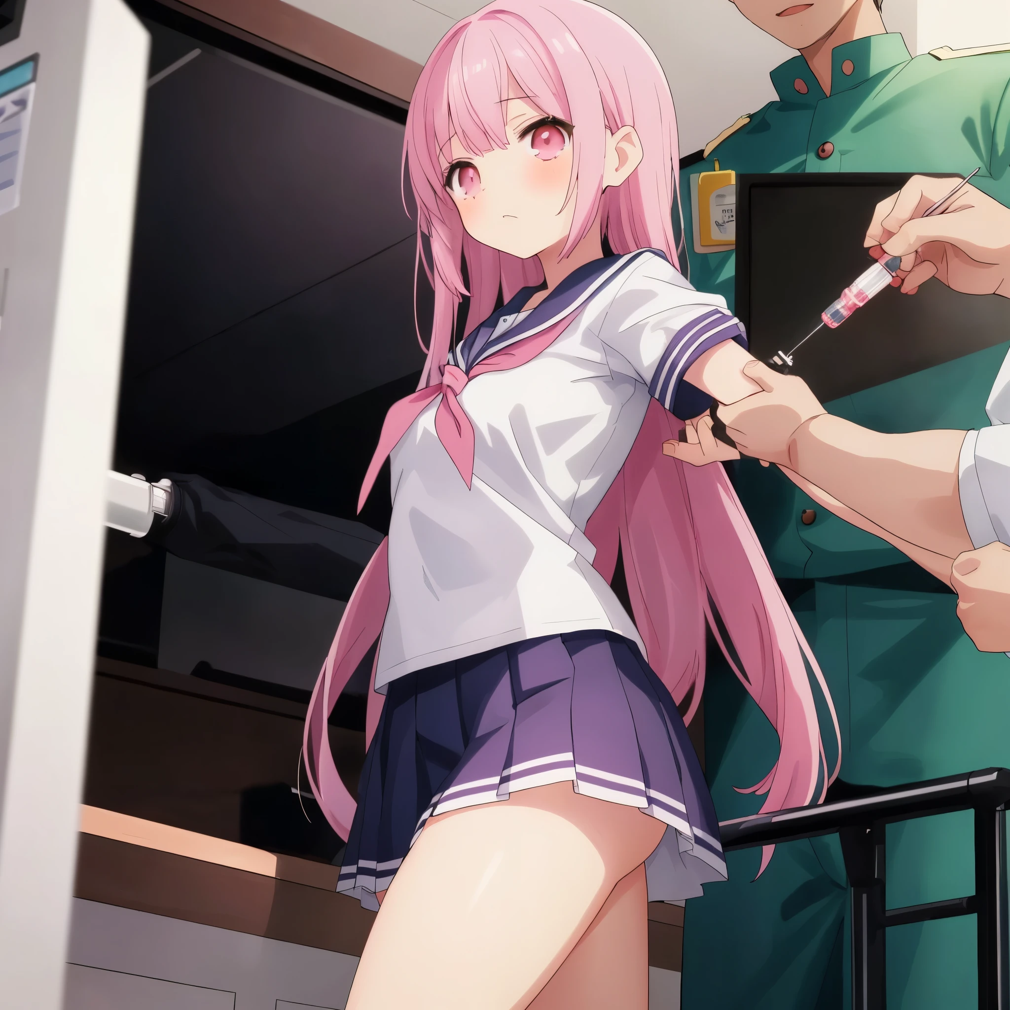 A pink-haired high school girl in a sailor uniform is getting vaccinated, a male doctor grabs your arm, takes out a syringe and injects it into your upper arm.