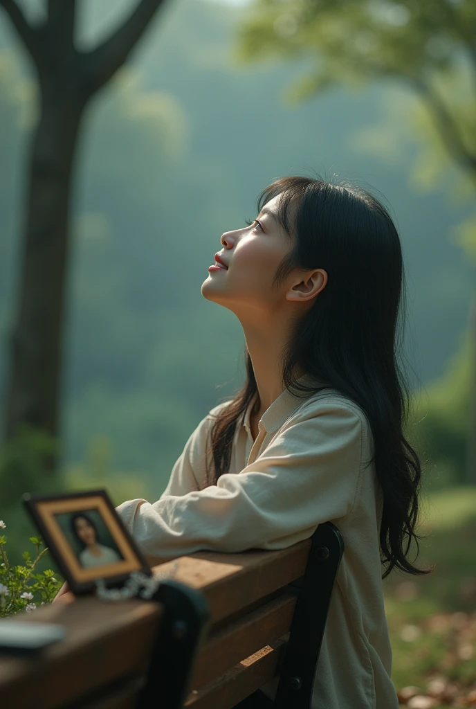 An emotional moment where a person is smiling softly while looking up at the sky, with a photo and flower visible on the park bench beside them. The scene should capture a blend of sadness and tranquility."