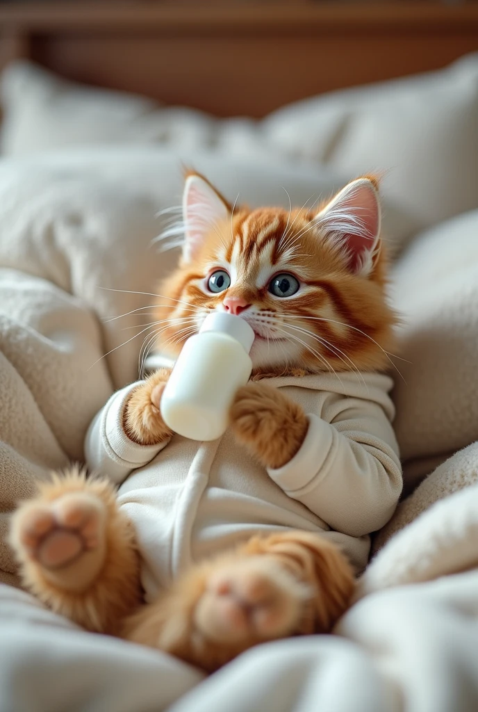 Cat wearing baby clothes lying on bed with milk in mouth