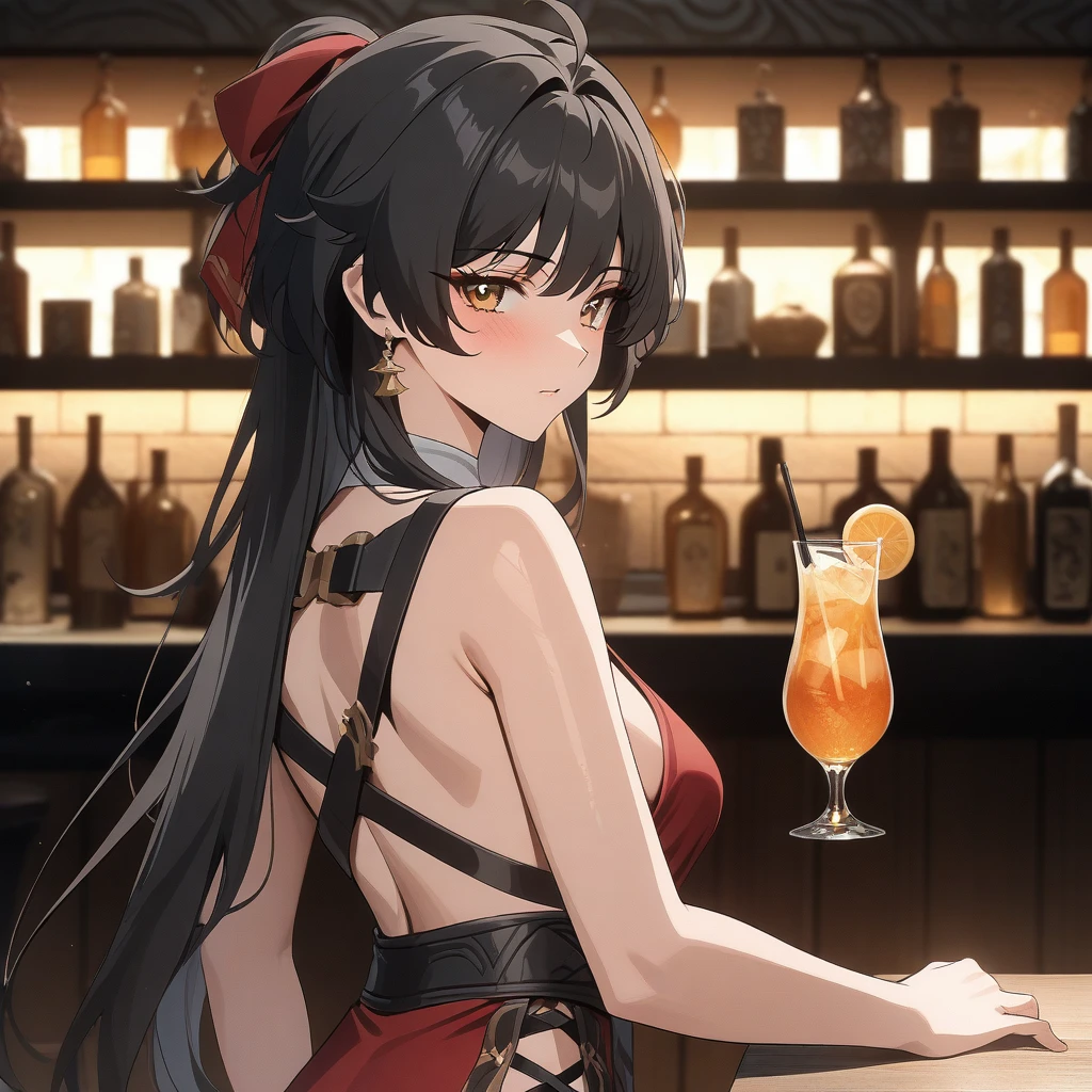 rover from wuthering waves, stylish pose, holding drink glass, anatomically correct 1girl, black hair, golden eyes, beautiful face, red dress, no sleeves, bar background, decorative, masterpiece, high quality, hd, 4k, upper body, genshin artstyle, backk turned, over the shoulder