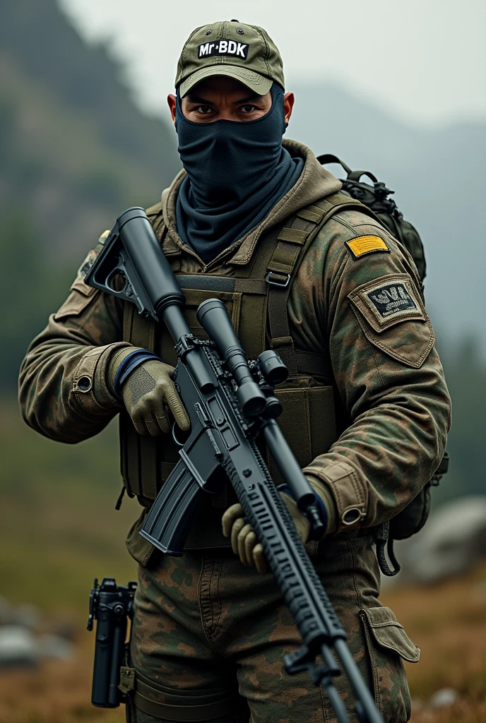 Muscular army man,holding his sniper gun,camping ,mask on his face,with the name Mr-BDK ,painting his face with black